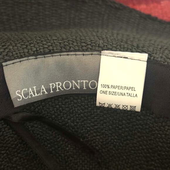 Scala Pronto Black Wide Brim Sun Hat Beige Bow Ribbon Paper Straw One Size EUC